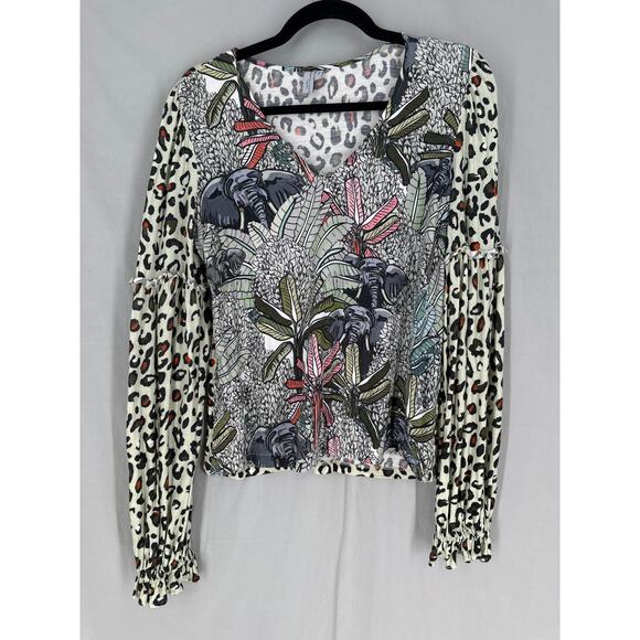 Blank London Anthropologie Top Small Green Animal Print Jungle Elephants Floral - Picture 6 of 8